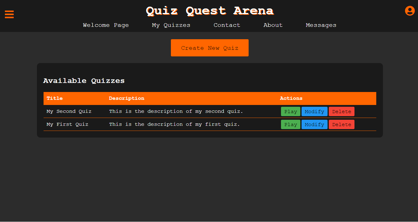 Quizzes screen